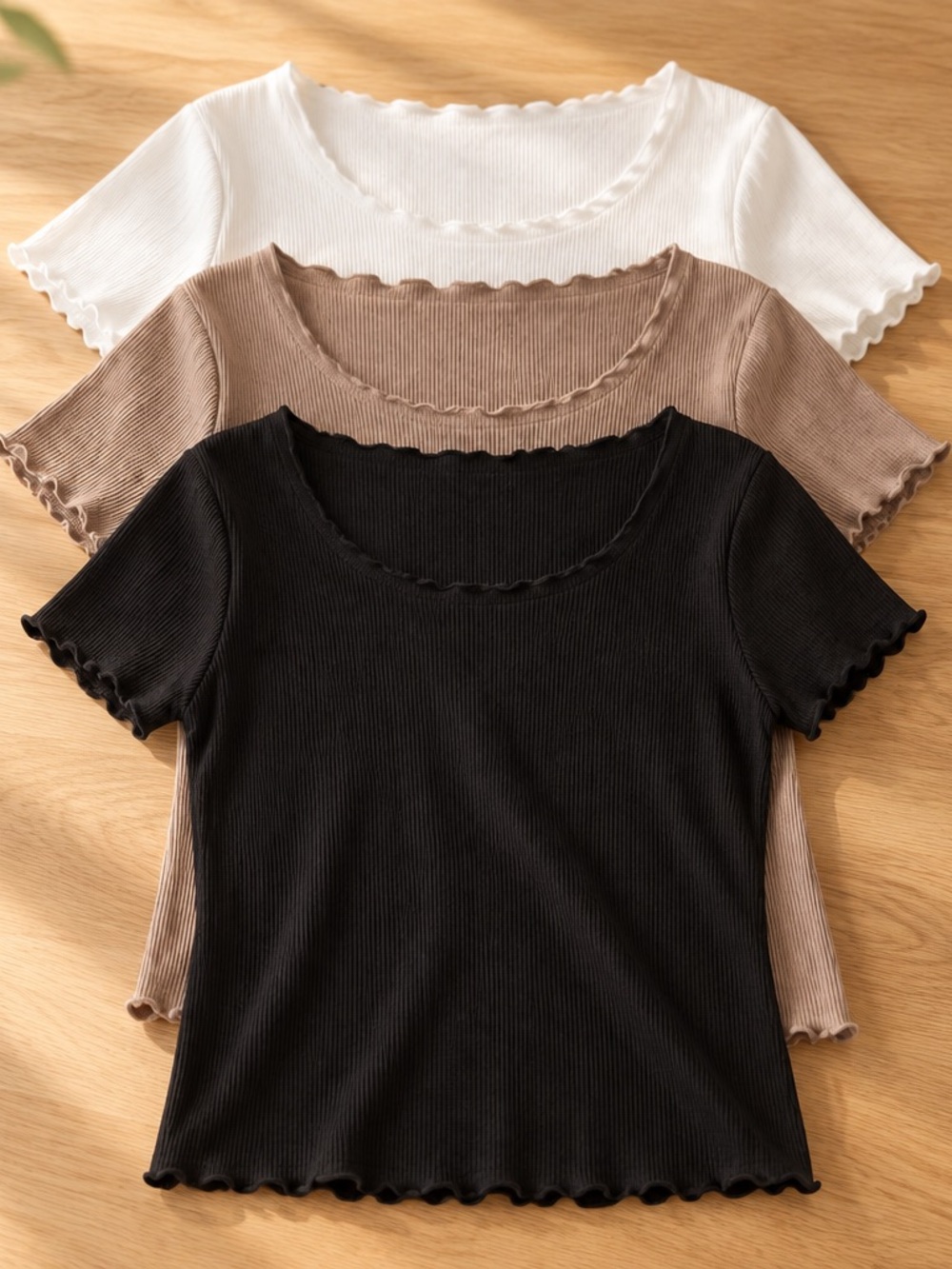 Girls Ribbed Lettuce-Edge Scoop Neck Top - Black, Taupe, White